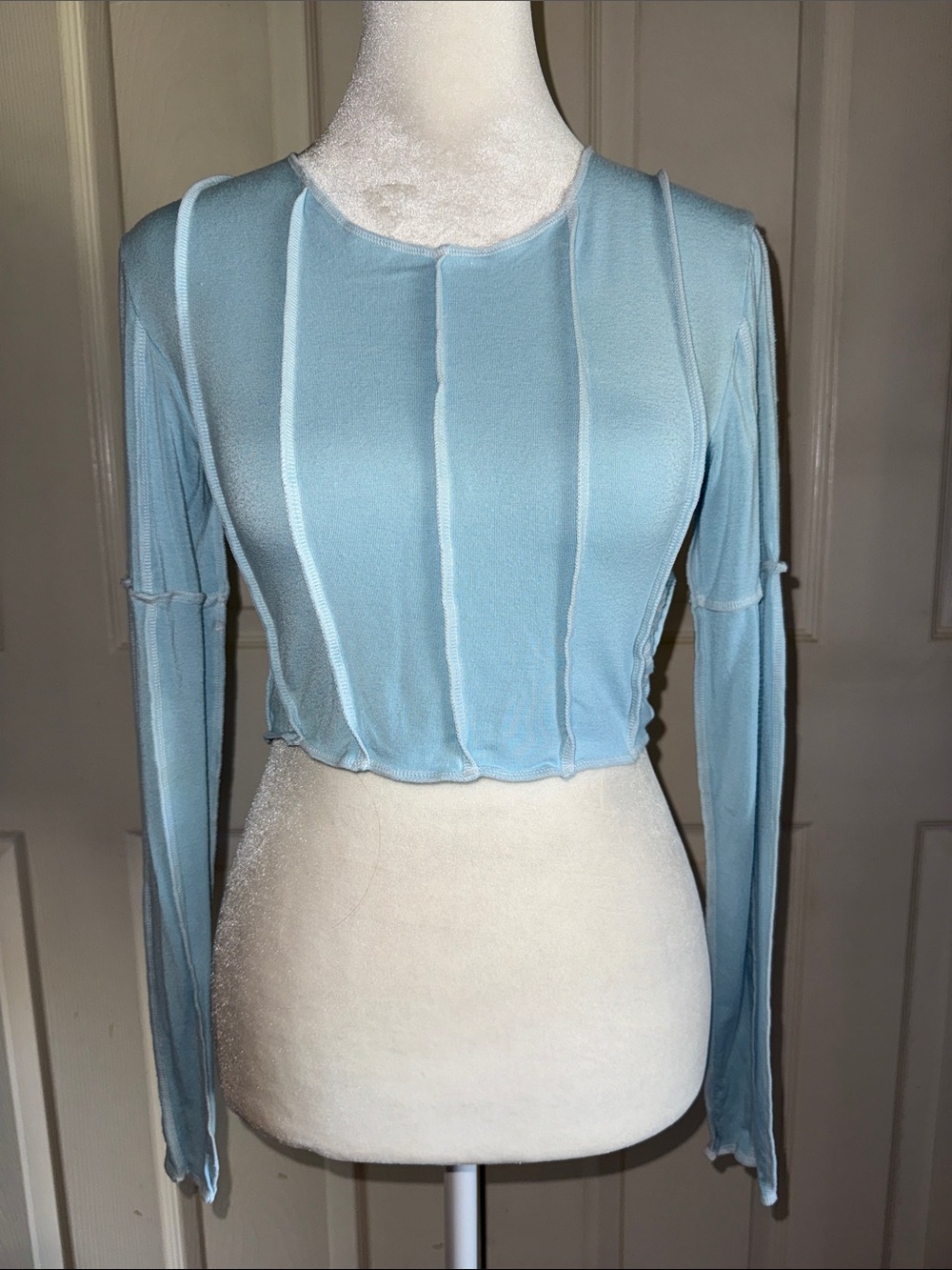 Omighty Light Blue Constrast Stitch Cropped Long Sleeve T-Shirt